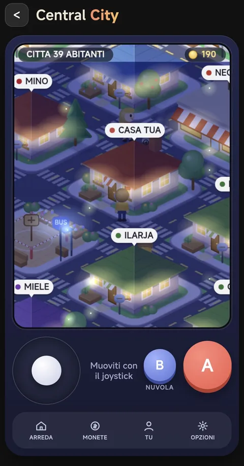 Central City : la ville isométrique avec les maisons des amis et le joystick