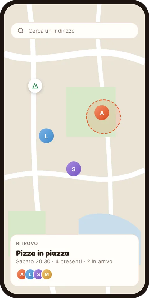 Carte de groupe partagée avec un point de rendez-vous et les participants
